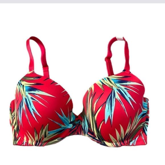 Victoria’s Secret Pink Wear Everywhere T- shirt Lightly Lined Bra red palms 34DD - Picture 1 of 3